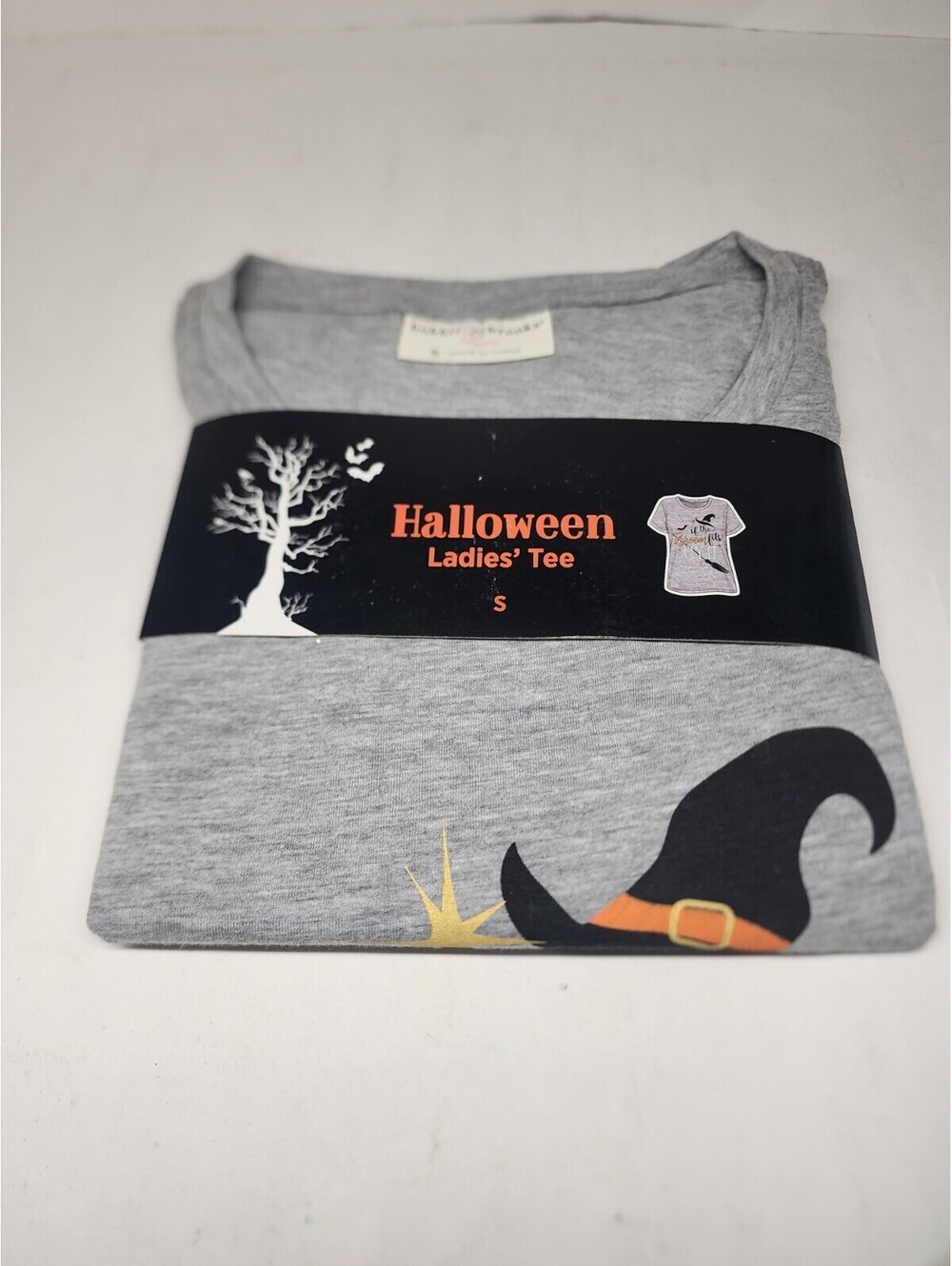 Bobbie Brooks Halloween Short Sleeve T-Shirt Size S - Gray/If The Broom Fits NEW